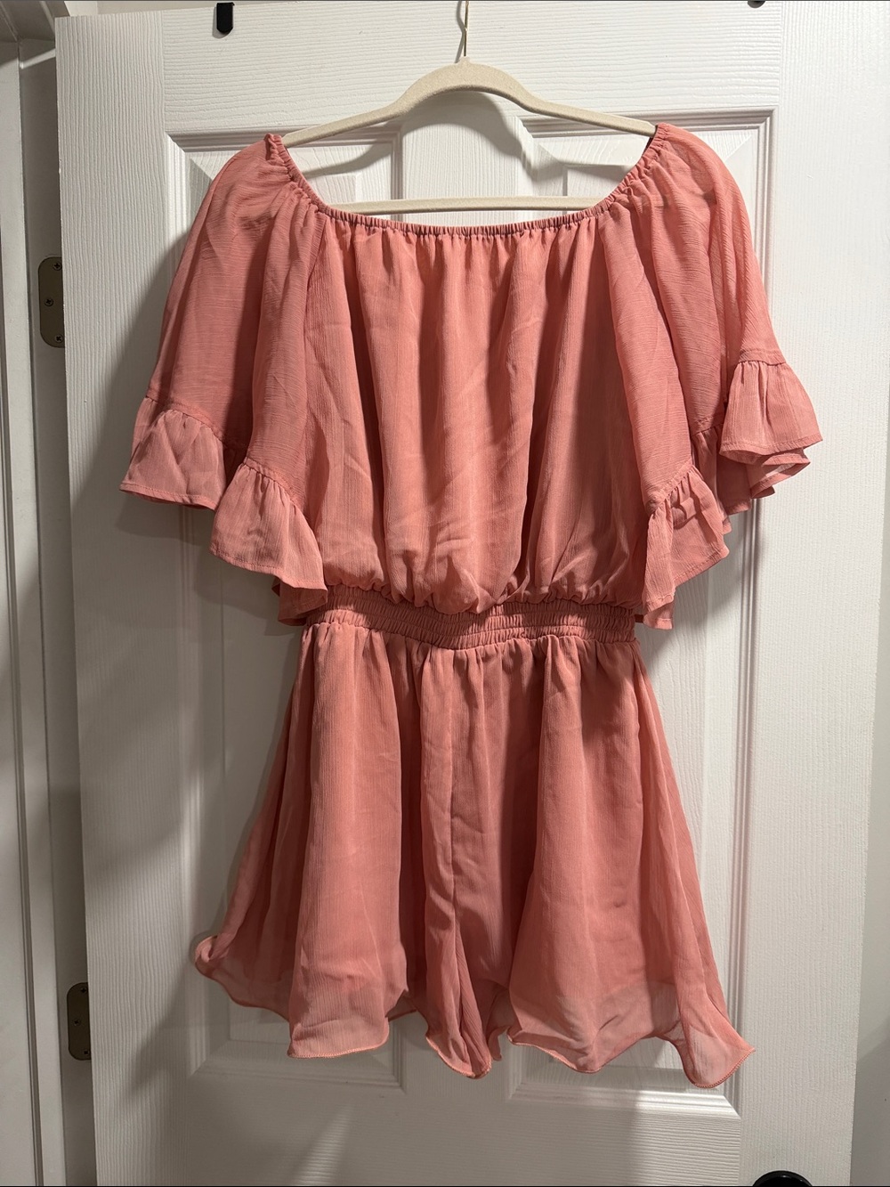 Endless Rose Coral Off-Shoulder Ruffle Mini Dress
